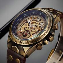 1pc 50M Waterproof Vintage Copper Mechanical Watch Brown Leather Strap Hollow Gear Skeleton Transparent Flying Tourbillon Power Storage Visible On The Back Cover For Real Automatic Mechanical Watch Men's Birthday Gift Husband Father's Day Wedding Souvenir Precise Timekeeping