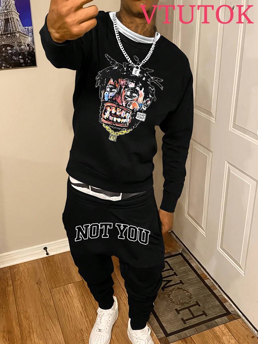 (2PC) VTUTOK Men's Round Neck Hoodie Printed Long Sleeve Sweatshirt Pants Set, Street Style Long Sleeve Sweatshirt Top+Drawstring Waist Sports Pants Casual Set, Autumn Set, American Street Style Y2K Hip Hop - 黑色 - 查看 1