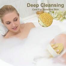 Handheld 2-In-1 Anti Slip Long Wooden Handle Shower Body Brush With Bristles And Loofah Flesh, Double-Sided Long Handle Back Scrub, Body Exfoliating, Wet Or Dry Brush, Back Washer, Back Exfoliating Body Washer Shower Scrub Brush Long Handle Suitable For Men And Women