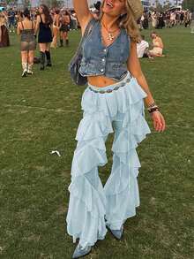 Outdoor Fashionable Tie-Up Ruffle Hem Flare Pants, Spring/Summer - Blue - View 4