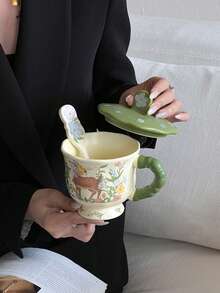 1 chiếc cốc sứ vẽ tay dễ thương có nắp và thìa, họa tiết hoa và hươu, cốc cà phê, cốc trà dùng tại nhà/văn phòng, thích hợp đựng nước ép, sữa, cà phê - Quà tặng sinh nhật và ngày lễ, quà tặng cho gia đình, quà tặng cho người yêu, cốc ngộ nghĩnh, 1 chiếc - màu xanh lá - Xem 8