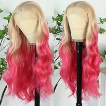 13X4 Ombre Pink Long Wavy Lace Front Wigs For Women Pink Red Color Long Body Wave Synthetic Hair Wigs 180% Density Pre-Plucked Glueless Red Ombre Colored Long Wavy Hair 26 Inch Free Part Soft Natural Look For Daily Party Use - Blonde Pink - 查看 4