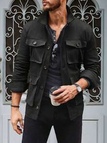 Men's Lightweight Jacket Button Up Casual Windproof Work Coat With Pockets - Black - View 1