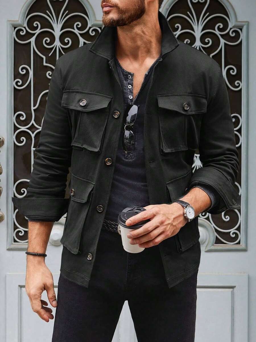 Men's Lightweight Jacket Button Up Casual Windproof Work Coat With Pockets - màu đen - Xem 1