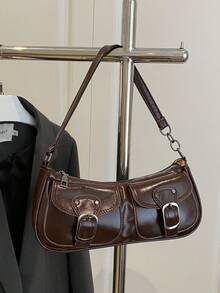 复古百搭皮带装饰单肩腋下拉链开口法棍包，全新纯色 PU 皮革女士小手提包 - 咖啡 - 查看 7