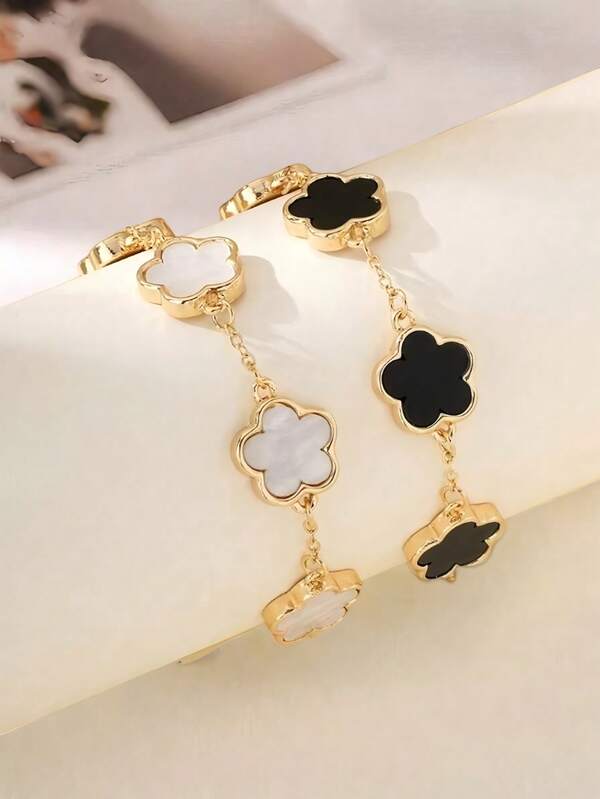 1/2 Pieces Fashion Classic Black And White Clover Design Bracelet Set Or Butterfly Decoration Accessories, Healing Crystal Bracelet For Spiritual Energy Healing, Suitable For Daily Wear, Ideal Gift For Girlfriend, Wife Or Partner