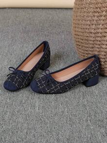Square Toe Chunky Heel Shoes, Bowknot Slip-On Flats, Fashion Slip-On Loafers, Blue Plaid High Heels, Women's High Heel Pumps, Run Large, Size 35-43