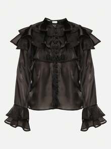 Women's Solid Color Flare Sleeve Ruffle Trim Single-Breasted Elegant Fashion Blouse - Black - View 6