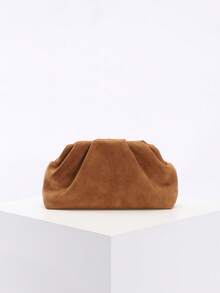 高品质复古风格棕色麂皮手拿包，玛琳风格女士麂皮手拿包，欧美时尚褶皱简约女士手拿包，配链条肩带 - 棕色 - 查看 11