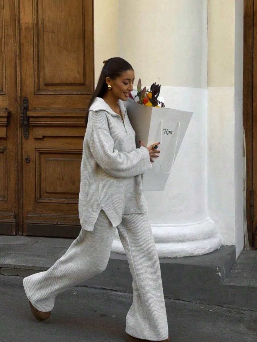 VIBEWAVE 新年休闲针织衫套装，宽松翻领半拉链长袖毛衣和高腰阔腿裤两件套 - 淺灰色 - 查看 1