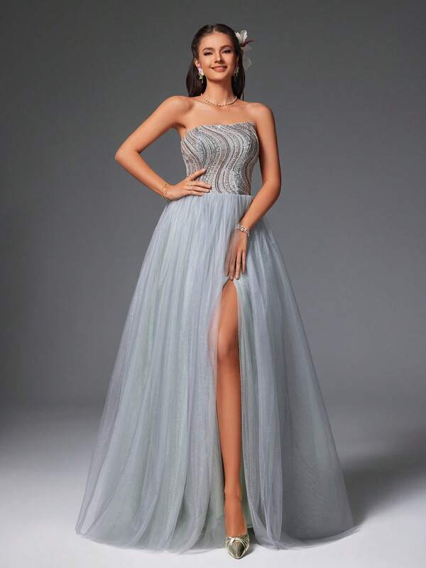 New Arrival Light Grey Strapless Sequin Patchwork Elegant High-End Design Mesh Formal Evening Gown