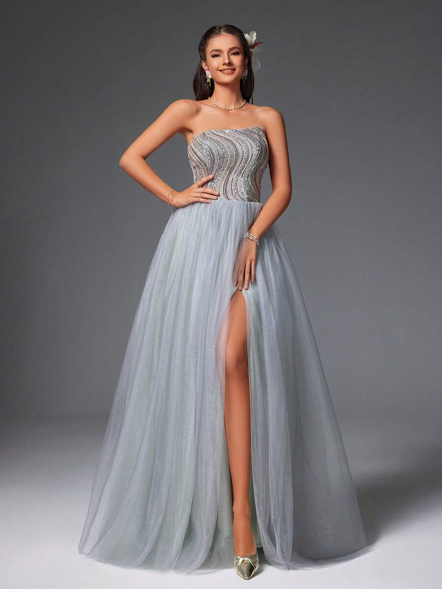 Nuevo vestido de noche formal elegante y de alta gama con diseño de parches de lentejuelas gris claro, cuello halter y superposición de malla - Gris Claro - Ver 1