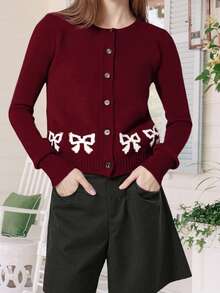 Women's Crew Neck Knit Cardigan Long Sleeve Bow Print Ribbed Hem Button Down Sweater Outwear - Burgundy - View 4