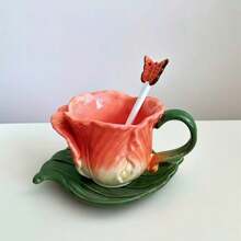 1 Set Handpainted Floral Ceramic Tea Cup & Saucer, 3D Sculpted Rose, Tulip, Daisy Flower Coffee Mug, 1pc 150ml(5oz) Cup With Handle, 1pc Leaf Plate, 1pc Butterfly Spoon, Unique Home Decor, Valentines, Mother's Day, Christmas Gift