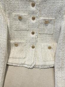 Giacca elegante da donna con collo rotondo, monopetto, con paillettes, in tweed testurizzato metallico vintage casual, colore beige