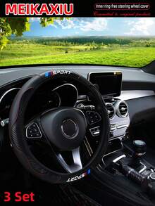 MEIKAXIU 3 件套全新运动型 PU 碳纤维皮革汽车方向盘套 + 手刹套 + 换挡杆套，汽车配件，适合女士 - SPORT PU款碳纖 - 查看 3