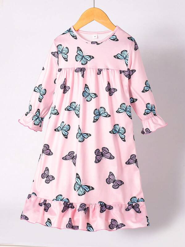 Nuevo pijama para niñas, camisón de niña con estampado de mariposas en rosa y azul soñador, vestido casual y cómodo para niñas con cuello redondo y volantes en el bajo