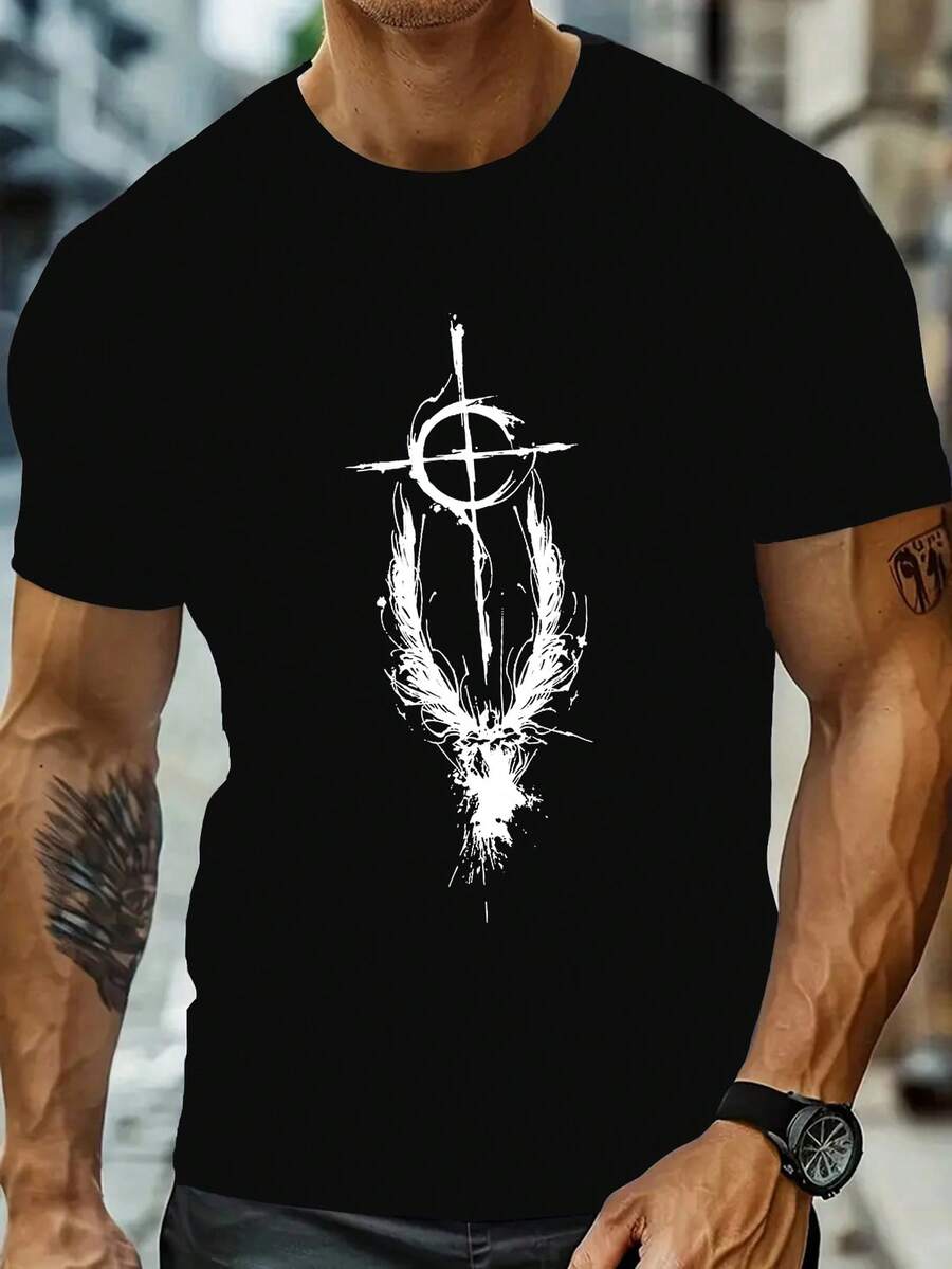 Men's Gothic Graphic T-Shirt - Black Short Sleeve With Cross And Feather Design, Round Neck Cotton Tee For Summer, Street Style Casual Wear, Casual Summer Tee | Edgy Tshirt Design | Glossy Fabric Faded Vintage Style Shirt Father's Day T-Shirt For Dad Usa Flag Eagle Shirt Men Don't Tread On Me Shirt Men T-Shirt For Boyfriend Birthday - 黑色 1 - 查看 1