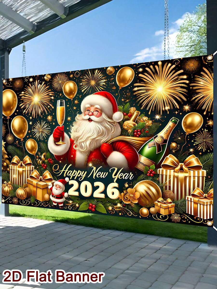 1 件圣诞老人新年快乐横幅 2026 150 * 100 厘米闪亮烟花和酒瓶图案新年背景 2D 平面照片展位节日背景布装饰壁挂挂毯房间家居装饰新年快乐 2026 年装饰家庭庆祝欢呼 - 彩色 - 查看 1