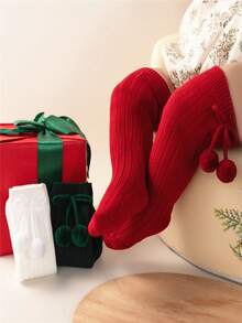 3 双/批 女婴圣诞袜 幼儿樱桃球风格纯色公主及膝袜 儿童柔软针织优雅毛球腿套袜 适合 0-3 岁 - 彩色 - 查看 2