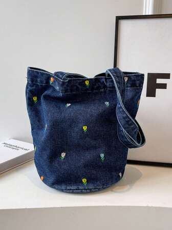 复古牛仔花卉刺绣百搭单肩包，学生午餐包，水桶包，女士可爱腋下水桶包