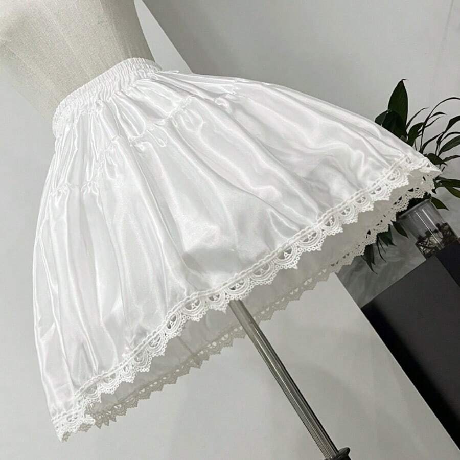 1pc Satin Lace Trim Puff Skirt, Retro Sweet Lolita Style Underskirt, Suitable For Daily Wear, Anime Convention, Tea Party - Multicolor - View 1