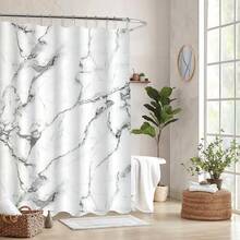 1 件大理石图案浴帘，防水加厚浴室窗帘，带 12 个塑料挂钩和金属索环，浴室隔断，浴室装饰配件圣诞装饰 - 灰白 - 查看 2