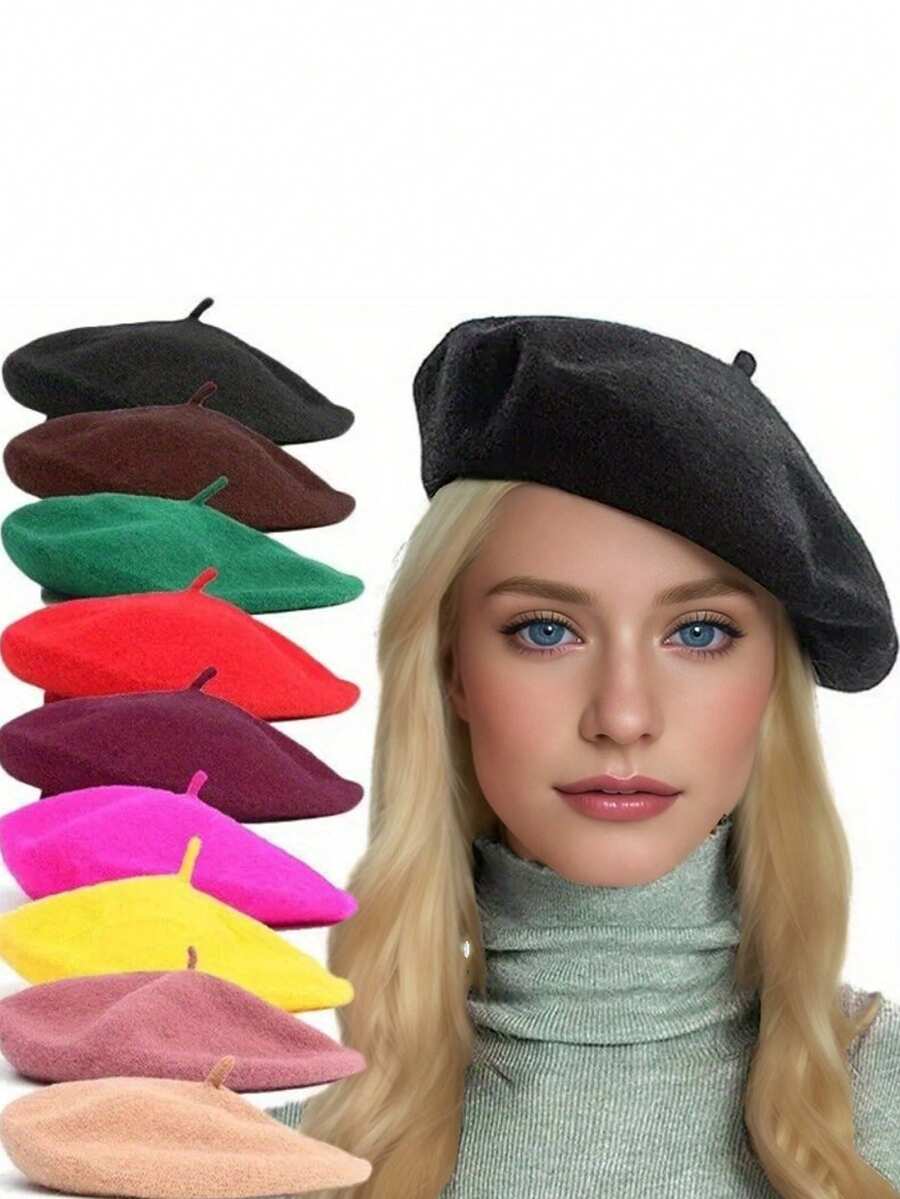 1 pieza Boina retro de unicolor para mujer, ligera y versátil, adecuada para fiestas y uso diario, Boina negra, Verano, Playa - Negro - Ver 1