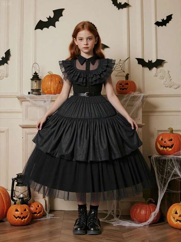 Tween Girl Party Halloween Christmas Dress, Princess Dress Vampire Witch Bride Costume Suitable For Holiday Celebrations, Banquets, Galas, Stage Shows, Wednesday Addams Black Series