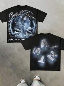 "Saint Tears" Religious Graphic Tee Y2k Style Tee (220g Cotton T-Shirt) Printed T-Shirts, Unisex T-Shirts, Casual And Comfortable To Wear Men's Summer Round Neck Short Sleeve T-Shirts, Fashion Printed T-Shirts, Uni T-Shirts, Casual And Comfortable To Wear Vintage - Style Graphic T - Shirt - 黑色 - 查看 1