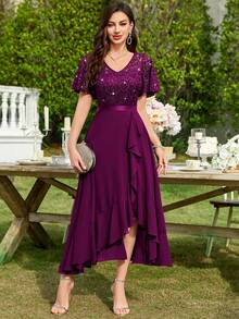 MIUSOL Elegant Women's V Neck Sequin Lace Bodice Maroon A-Line Midi Dress With Flutter Sleeves, Ruffle Flowy High Low Hem, For Formal Prom Gown, Wedding Guest, Evening Party, Cocktail, Dinner - Màu Tím - Xem 3