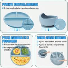 Set de Vajilla 9 Piezas en Silicona para Bebés Diseño Clásico Duradero Polvoriento Azul Incluye Cuchillería Perfecto para Niños y Fácil de Limpiar - Neblina azul - Ver 6