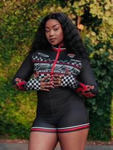 PeachySprinkles Y2k Going Out Sports Style Long Sleeve Jumpsuit With Motorcycle Print - Black - View 6