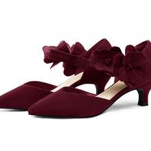 Zapatos de tacón bajo para mujer, con punta cerrada y sin cordones, con flores, cómodos, para fiestas formales y bailes. - Burdeos - Ver 4