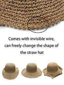 1 件女士手工编织纯色夏季太阳帽，防紫外线镂空草帽，日常旅行沙滩渔夫帽
