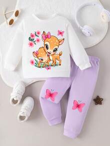 Baby Girl Casual Cute Deer & Butterfly Print Long Sleeve Top And Pants Set, Spring/Autumn