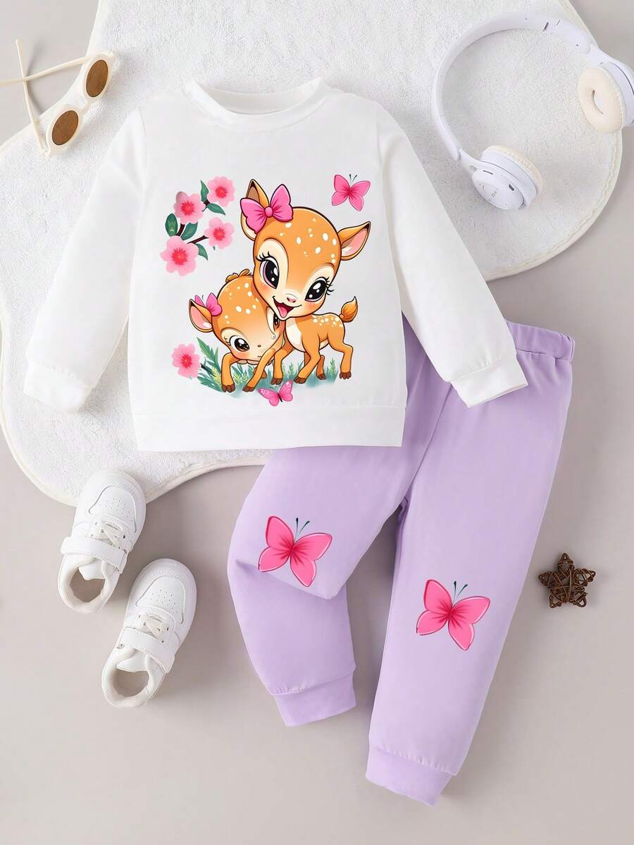 Baby Girl Casual Cute Deer & Butterfly Print Long Sleeve Top And Pants Set, Spring/Autumn