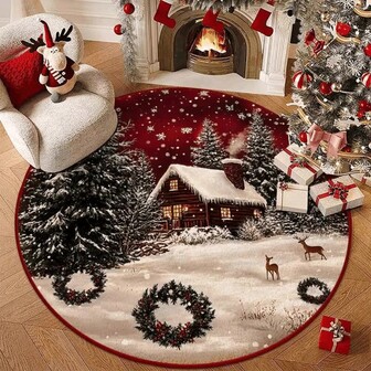 1pc Merry Christmas Round Area Mat- Christmas Design With Snowflakes /Christmas Reindeer/Snow-Non-Slip, Absorbent Bathroom Rug For Autumn Harvest & Halloween / Christmas Decor, Perfect For Home And Bedroom,Lightweight Carpet - Imitation Cashmere Material,Room Decor,Home Decor,Multiple Sizes Available,Non-Slip Bottom[Bathroom Mat] [Bath Mat][Bathroom Mats]Autumn/ Winter/Rome Decor/Home Decor/House Decor