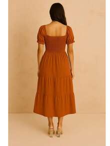 Vestido Florencia estilo bohemio liso, largo al tobillo, manga puff, escote cuadrado y parte superior fruncida con elástico que se adapta a diversas siluetas. - Óxido marrón - Ver 2