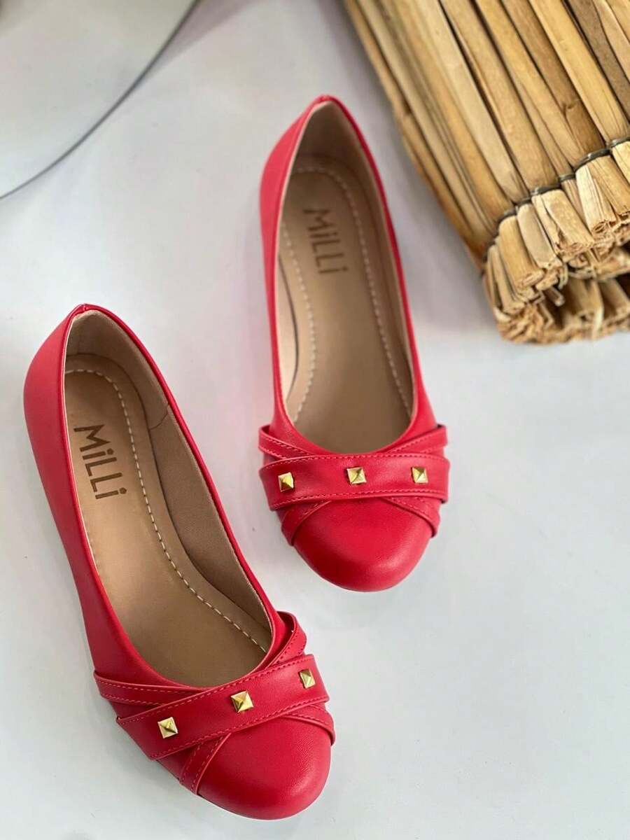 Milli Women's Round Toe Flats With Spyke Comfortable Casual Elegant - 紅色 - 查看 1