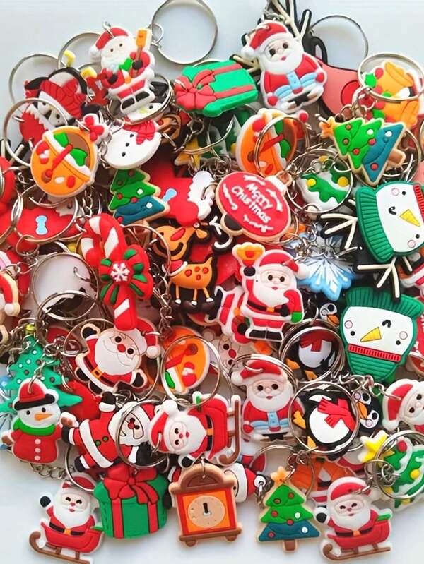 Losowy 50-elementowy świąteczny brelok do kluczy z motywem kreskówki w wielu różnych stylach, seria świąteczna, wisiorek, akcesoria do torebek na klucze, idealna dekoracja na imprezę świąteczną, mały prezent dla rodziny i przyjaciół