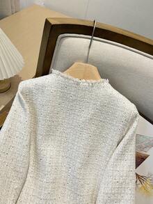 Giacca elegante da donna con collo rotondo, monopetto, con paillettes, in tweed testurizzato metallico vintage casual, colore beige