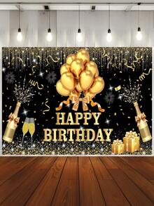 1 Peça Painel de Fotografia de Aniversário Feliz Preto e Dourado, Balões Brilhantes, Pontos, Fogos de Artifício, Faixa de Festa, 59.1*39.4/82.7*59.1/106.3*70.9 Polegadas, Taças de Champanhe, Caixa de Presente, Bottom de Foto Interno e Externo, Decoração de Chá de Bebê