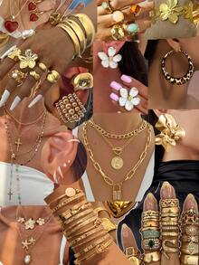 56pcs/48pcs/32pcs/19pcs/5pcs Vintage Elegant Retro Coin Style Assorted Metal Geometric Asymmetrical Hollow Line Wrapped Flower Carved Textured Wide Cuff Bracelet Jewelry Set, Suitable For Women & Men, Ideal For Holidays, Parties, Dates, Gifts, Daily Wear, Halloween, Christmas, New Year (Random Styles) - Multicolor - View 13