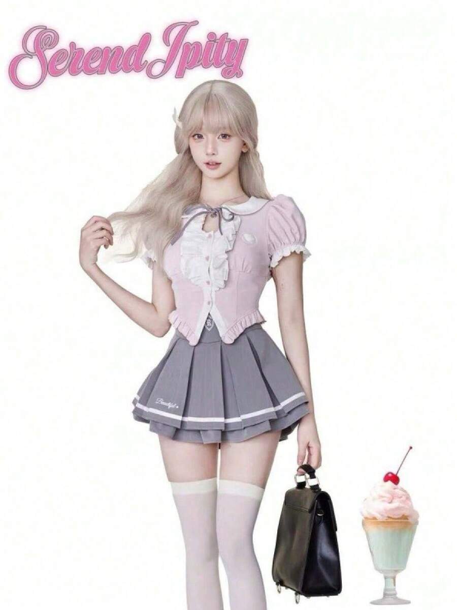 Girl Coconut Korean Academy Senkin Summer New Pink Shirt Top Gray High Waist Pleated Skirt Pleated, Strap, Embroidery Flying Sleeve Urban Style Temperament Commuter - Áo tay ngắn màu bột - Xem 1