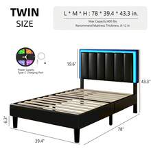 Twin / Full/ Queen/ King Size Bed Frame With LED Light, Upholstered Bed Frame With Headboard, No Box Spring Needed, Easy Assembly, White/ Pink/ Black, Twin / Full/ Queen/ King ( USB LED Strip) - màu đen - Xem 7