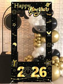 1件2026黑色金色新年快乐相框道具，120*60厘米乙烯基照片背景布，包含气球、烟花、时钟设计，新年快乐相框横幅，新年装饰道具，背景布，摄影配件，新年礼物，新年庆祝用品，新年装饰品 - 彩色 - 查看 3