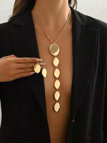 2pcs Gold Metallic Geometric Asymmetrical Ellipse Pendant Necklace & Earrings Set, Exaggerated Extra Long Chain Necklace, Personalized Fashion Jewelry Set, Snake Bone Chain Y-Necklace, For Party, Formal Dress Accessories - 黃金2 - 查看 5