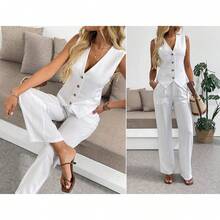 Women's 2 Piece Outfits Linen Vest Waistcoat Dressy Casual Sets Wide Leg Pants Suits - 白色 - 查看 3