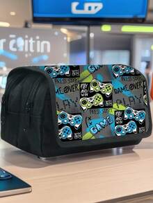 1 Pc Game Machine Theme Pencil Bag, Large Capacity Double-Layer Flip Pencil Bag, Double-Layer Zipper Design, Polyester Material, Suitable For Students' School Use, Desktop Stationery Storage,Case - Multicolor - View 2